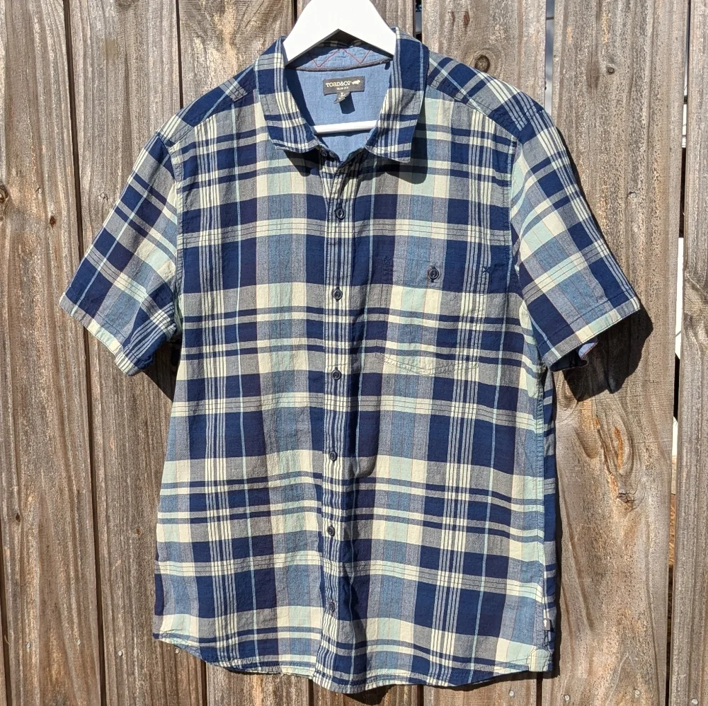 Toad&Co Large Slim Beckmen SS Blue Plaid Button-Down Shirt 100% Cotton Men's